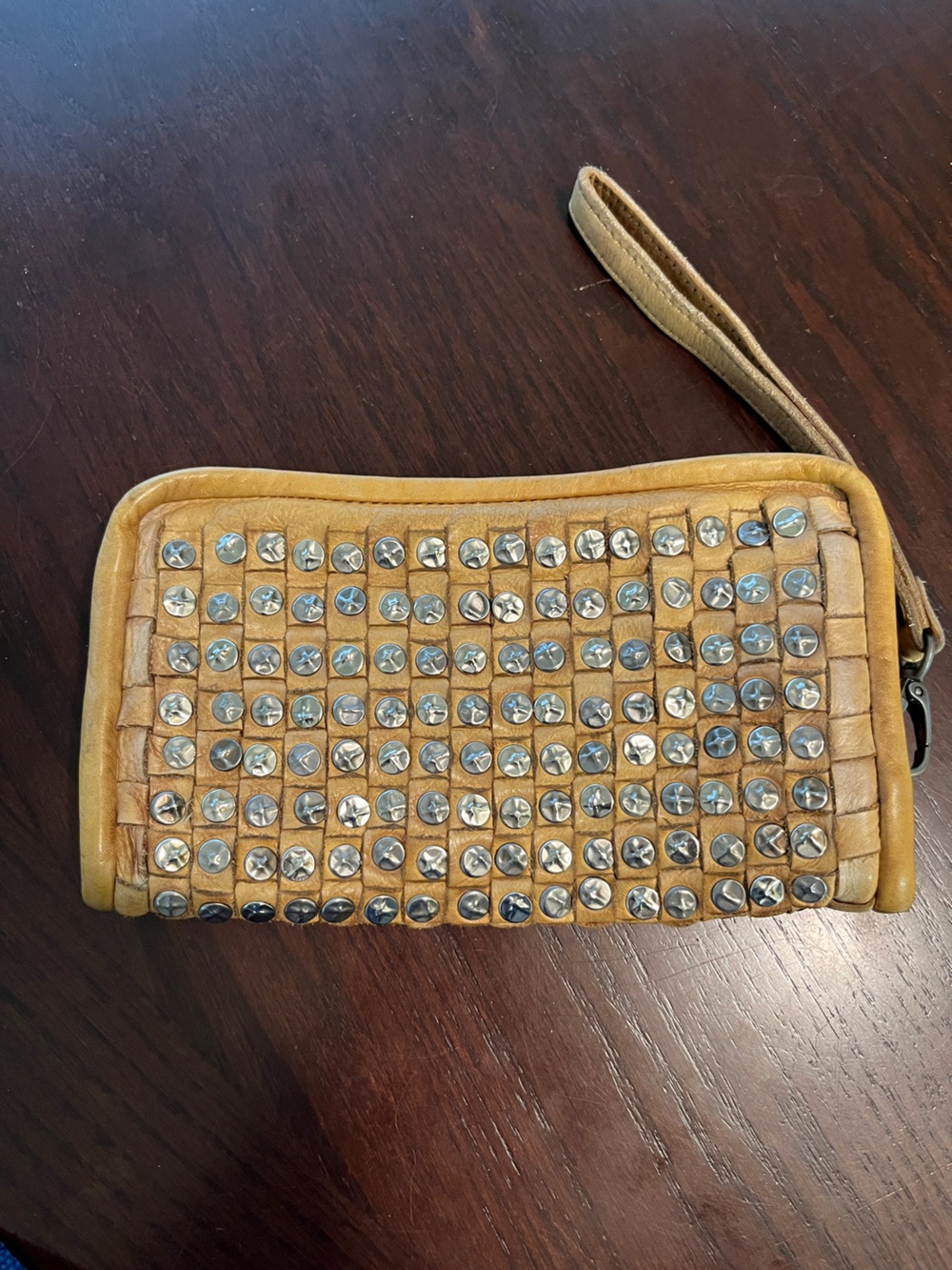 PLATANIA Italy Soft Brown Leather Studded Clutch Wristlet Wallet